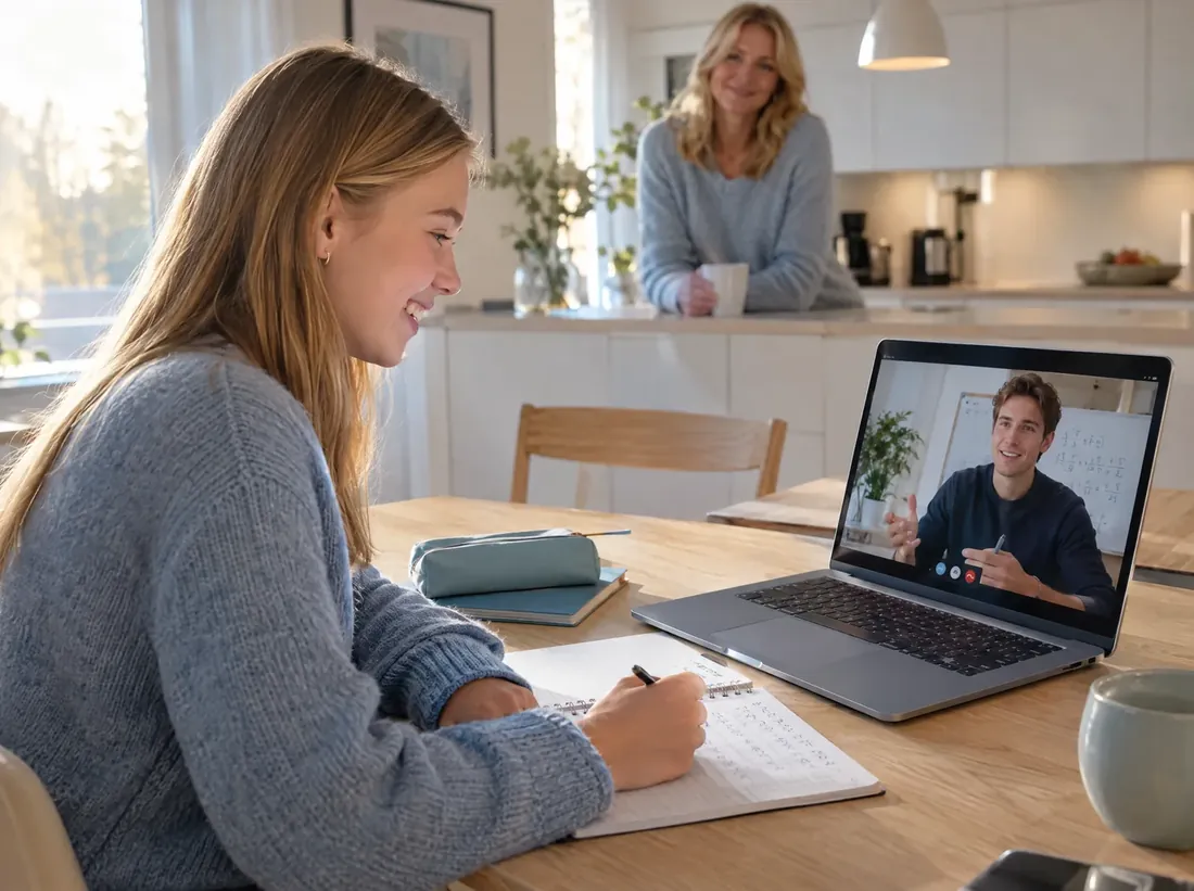 Elev som har läxhjälp i matte online hemma vid köksbordet